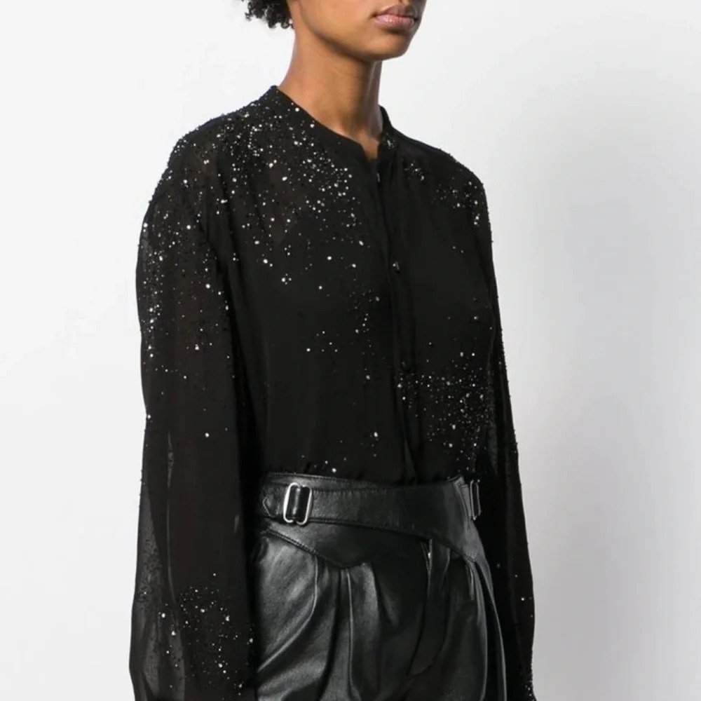 White House Black Market Black Button Front Sparkle Silver Detail Blouse Size S